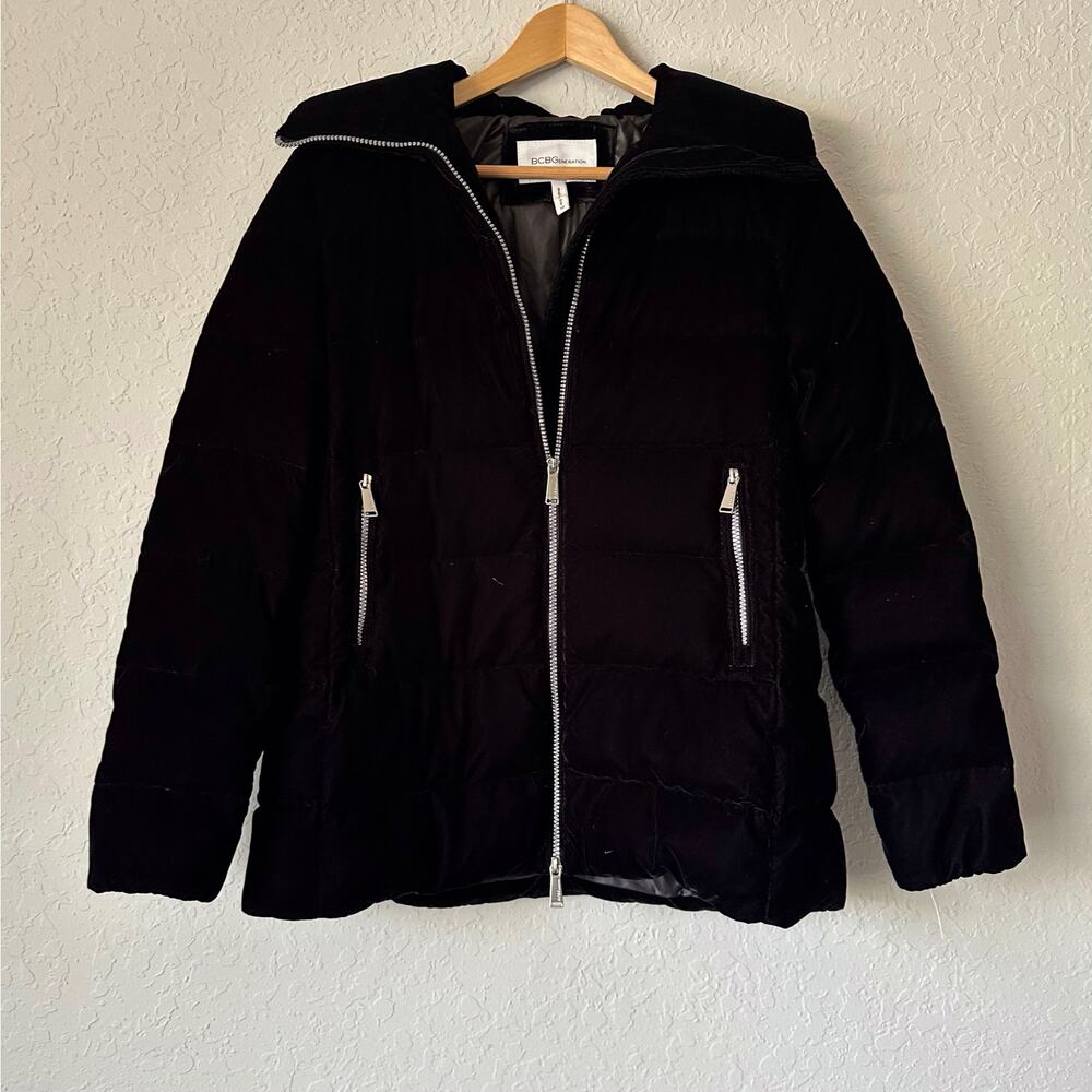 BCBGeneration🌿 Women’s Black Puffer Jacket Hooded Down Feather Blend Pockets XS